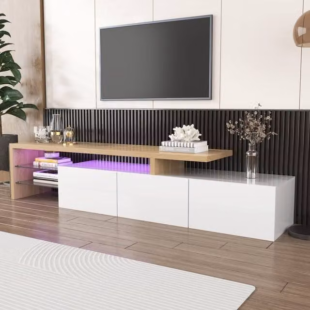 HomeTouch Modern White High Gloss Wooden TV Unit with Integrated LED Lighting W: 160 cm, D: 42 cm, H: 39 cm – 1