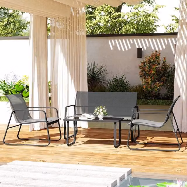 Outsunny Four Piece Modern Grey Garden Furniture Set with Glass Top Metal Table