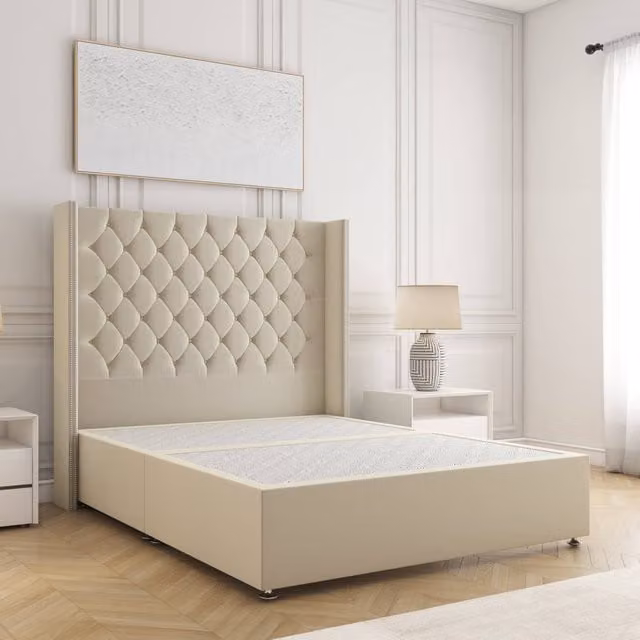 BSSPOKE Olivia Single Divan Bed with 54 inch Plush Velvet Headboard in Cream/Beige