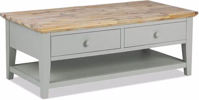 Statement Furniture Florence Coffee Table with Drawers in Light Green Acacia Wood, W/D/H: 120 x 45 x 66 cm