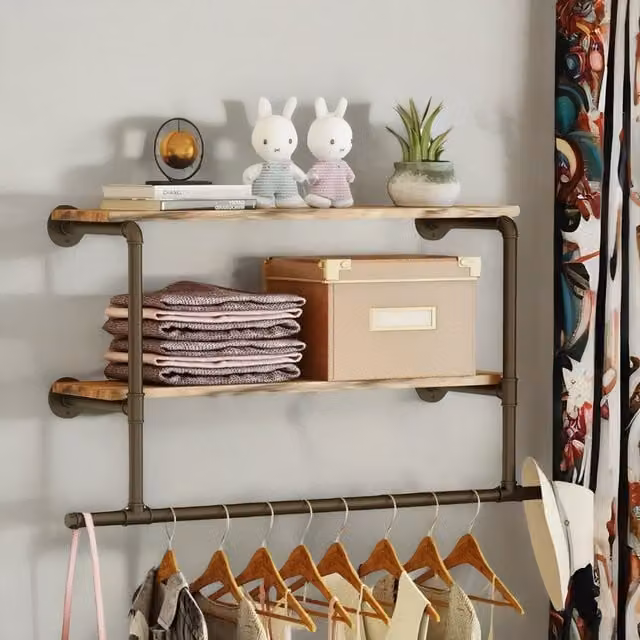 Pirlo Plush Industrial Heavy Duty Pipe Wall-Mounted Floating Shelves with Hanging Rail in Brown and Black