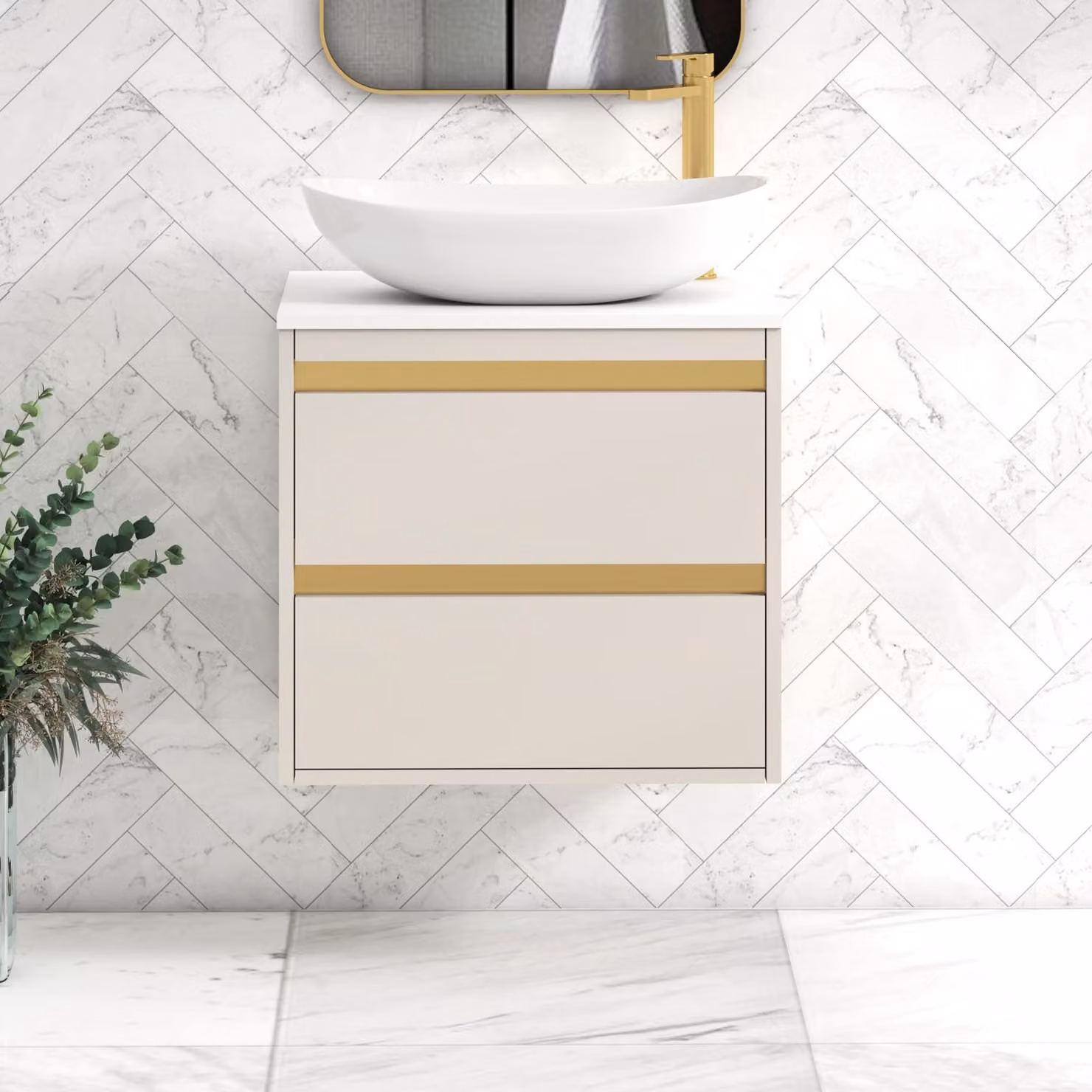 Royal Bathrooms Orion 600mm Wall Hung Vanity Unit in Warm Taupe with White Cesar Basin and Brushed Brass Accents