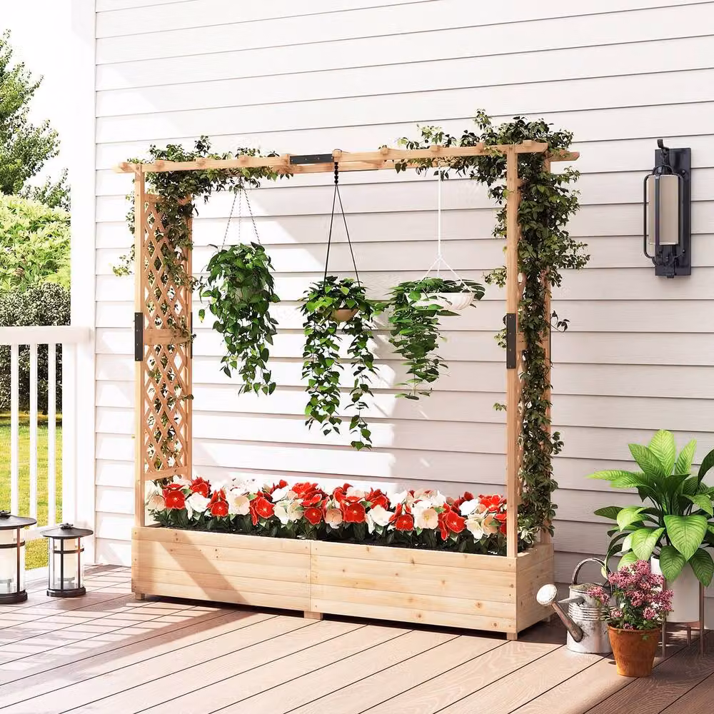Costway Fir Wood Raised Garden Bed with Trellis in Sand/Brown, W/D/H: 182.0 x 41.0 x 174.0 cm – 5