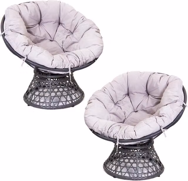 SHG Set of 2 Grey Polyrattan Papasan 360 Swivel Lounge Chairs with Fabric Cushions
