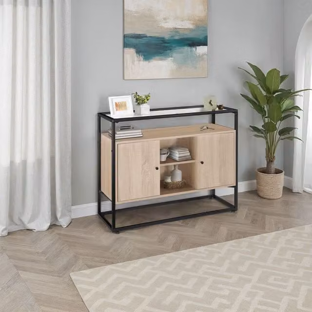 tectake Industrial Sideboard with Glass Top, Open Shelves and 2 Storage Compartments in Brown and Black Wood and Metal