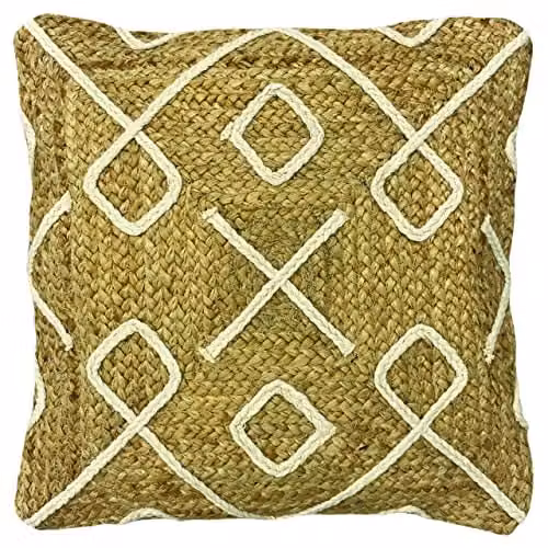Roolu Boho Square Jute and Cotton Cushion in Beige, W/D/H: 45 x 45 x 45 cm