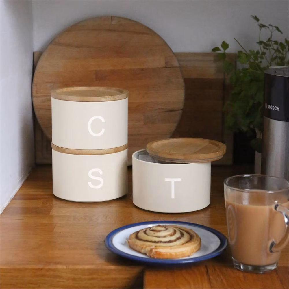 FLAVORA 3-Piece Stackable Tea, Coffee and Sugar Canister Set in Beige with Bamboo and Metal Lids – 2
