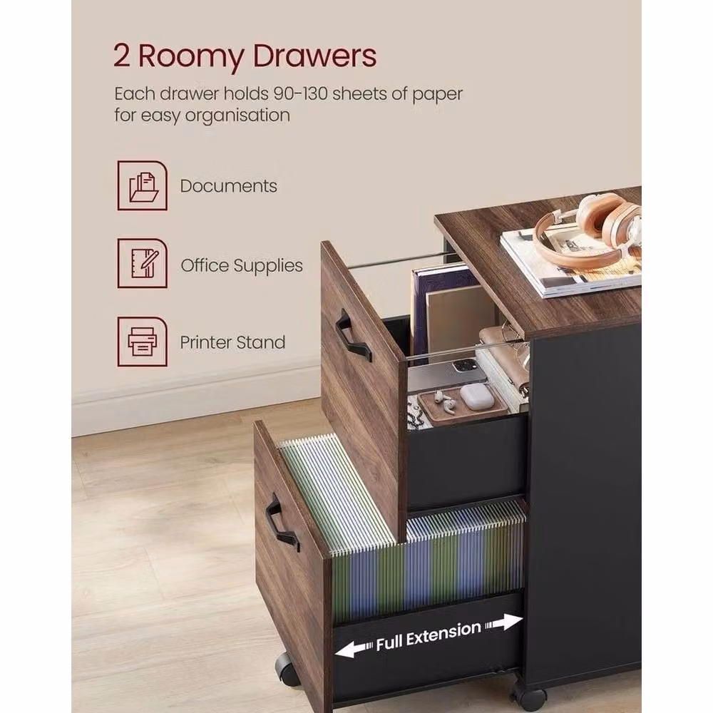 VOGREX Black and Brown Mobile 2-Drawer Office File Pedestal Cabinet with Lock and Castors, W: 42 cm, D: 40 cm, H: 70 cm – 2
