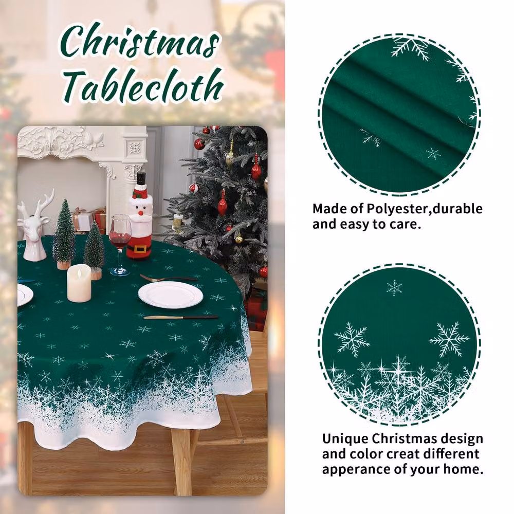London Boutique Snowflake Christmas Round Tablecloth in Green and White, Diameter: 152.4 cm – 3