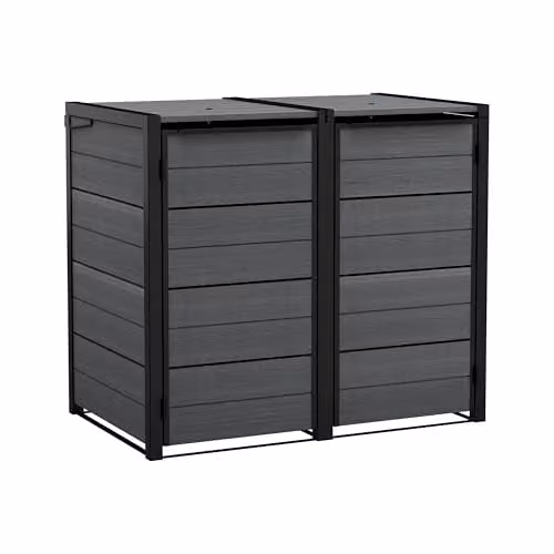 Keter Hideaway Bin Storage Unit in Grey with Wood-Look Finish and Steel and Aluminium Frame, Fits 2 x 240L Wheelie Bins