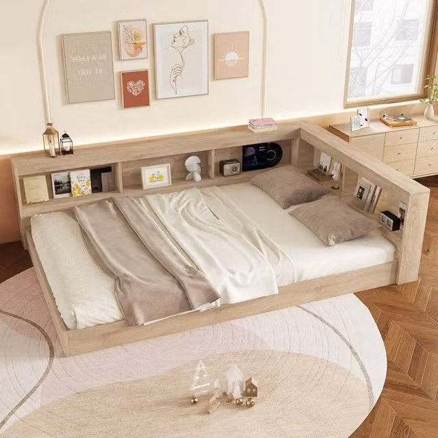 BTM Single Storage Bed in White and Beige with Side Compartments and Bedside Shelf – 1