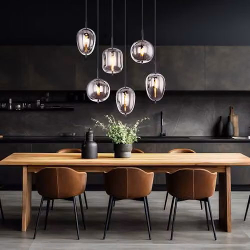 Globo Lighting Modern Suspended Pendant Light with 6 Smoke Glass Shades in Black and Grey, E14, Height Adjustable – 4
