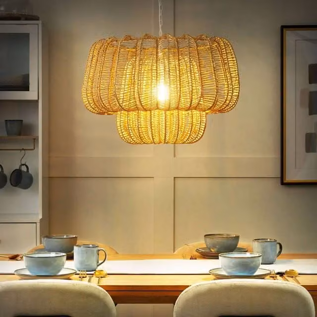 Wyld and Coco Japandi Pendant Lamp in Beige Handcrafted Paper and Rattan Geometric Cage