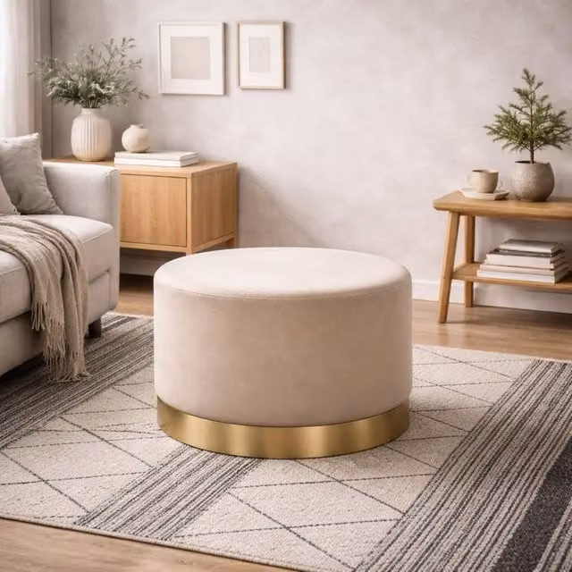 Wyld Haus Kalua Large Beige Velvet Stool with Brushed Gold Metal Base