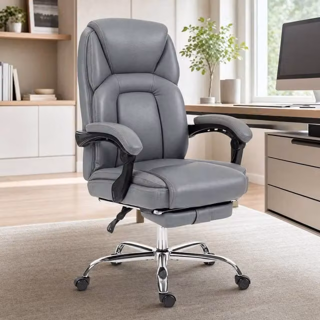 ERGOVEXA Grey Faux Leather Reclining Executive Office Chair with Footrest and Headrest