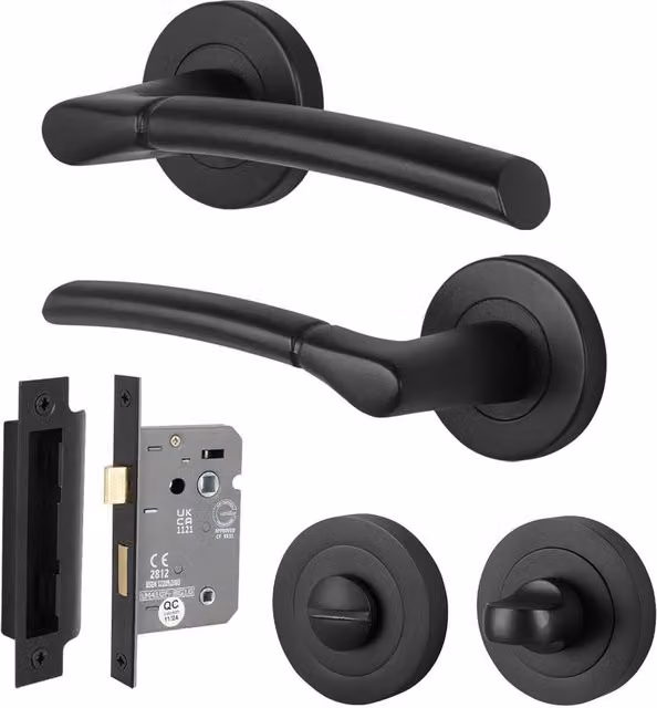 AFIT Matt Black Round Rose Bathroom Door Handle Set with WC Lock, W/D/H: 150 x 150 x 15 mm