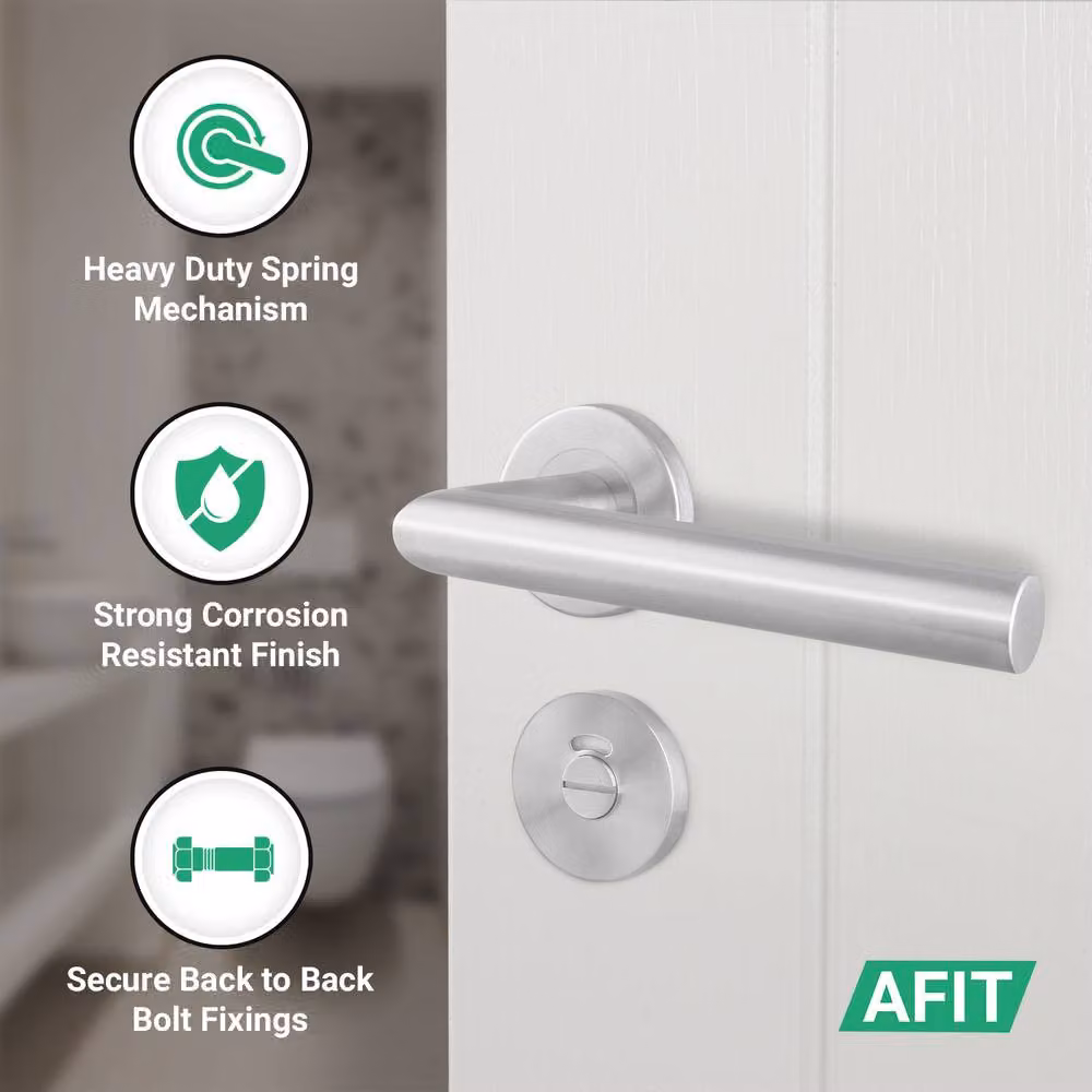 AFIT Silver Satin Lever Rose Bathroom Door Handles with Lock and Hinge Kit, Stainless Steel – 2