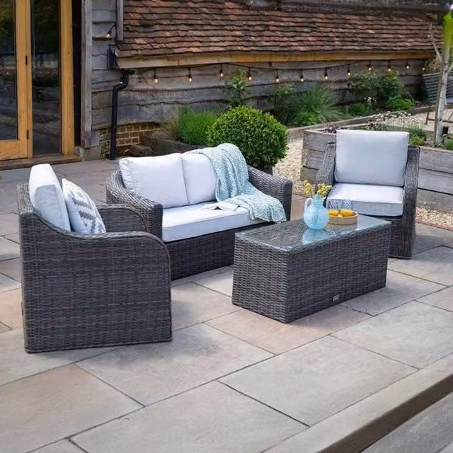 Primrose Living Classic Rattan 4 Seater Garden Furniture Sofa Set with Coffee Table in Stone Grey