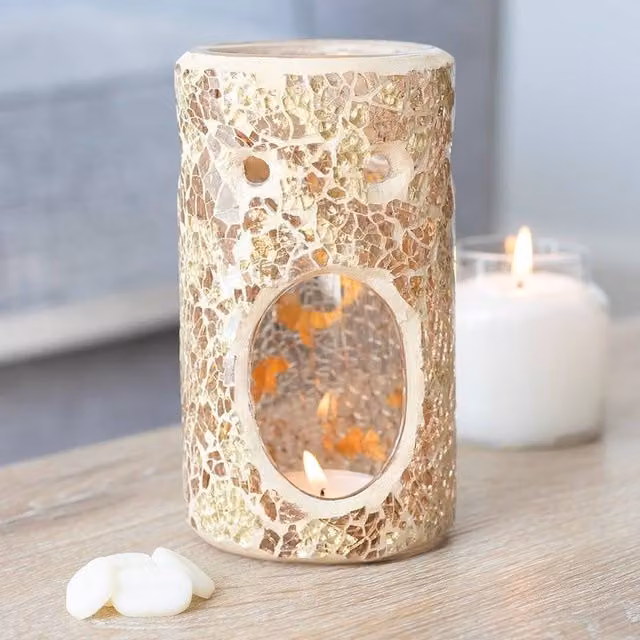 Uniqueful Gold Pillar Crackle Glass Oil Burner and Wax Warmer