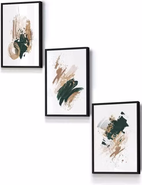 ARTZE Abstract Green, Beige and Gold Oil Strokes Framed Wall Art in Black, W: 33 cm, H: 45 cm, D: 2 cm