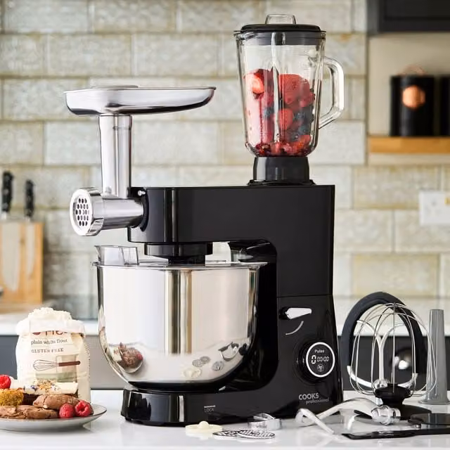 Cooks Professional Multi-Function 1800W Digital Stand Mixer with 8L Stainless Steel Bowl and Accessory Kit in Black – 1