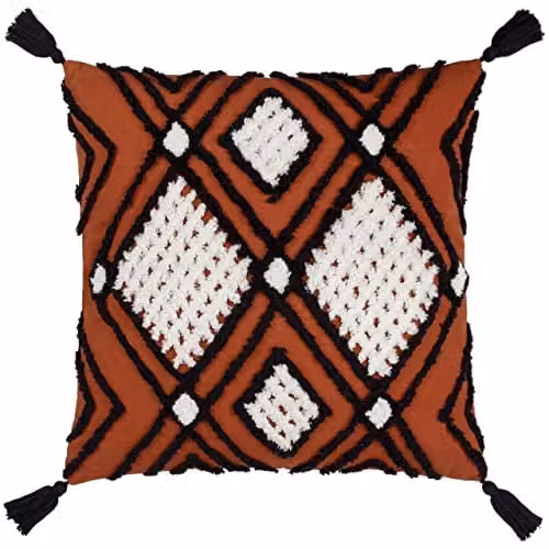 Furn Aquene Cotton Tufted Tasselled Square Cushion in Red, Black or White, W/D/H: 50 x 50 x 50 cm