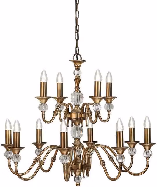 Interiors 1900 Polina 12 Light Crystal Chandelier in Antique Brass Finish with E14 Bulbs