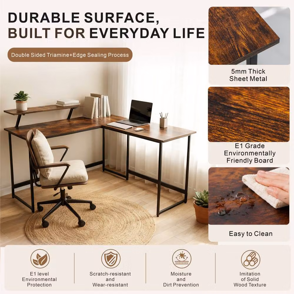 Abrihome Industrial Rustic L-Shaped Corner Computer Desk in Brown – 2