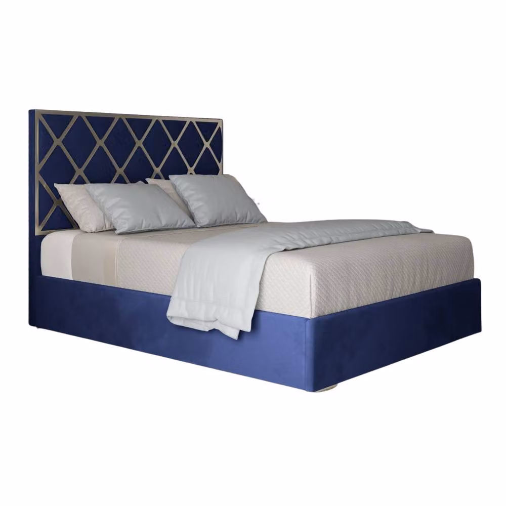 Casani Sturry Double Bed Frame in Blue Velvet with Metal Accents, W/D/H: 140 x 200 cm – 2