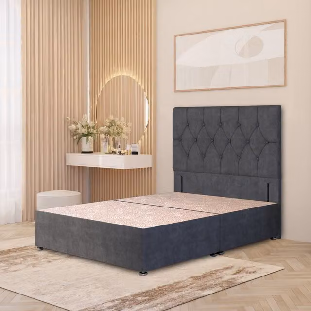 Somnior Beds Ltd Chesterfield Velvet Divan Bed Base with Drawers and Floor Standing Headboard, Grey, W/D/H: 200 x 200 cm