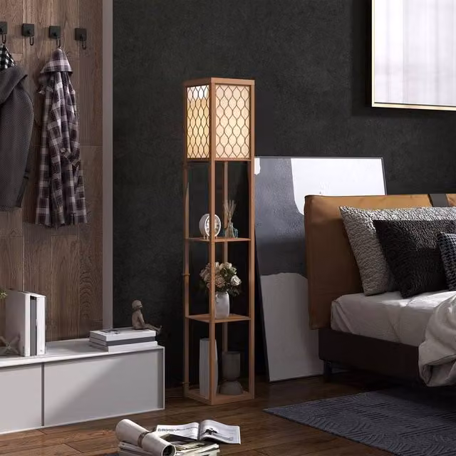 EONLION Modern Floor Lamp with 3 Wood Shelves and Beige Fabric Lampshade
