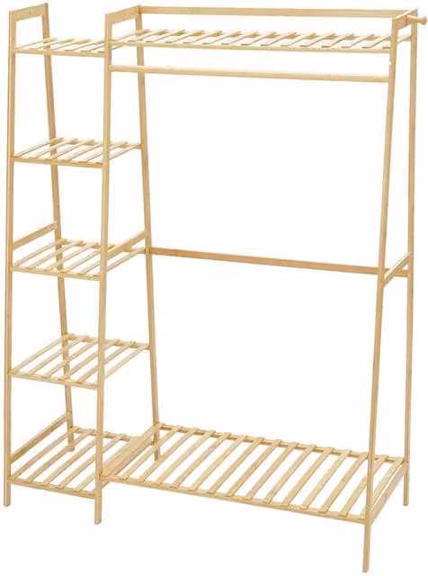 Garden Sanctuary Bamboo Clothes Rail with Dual Hook and Rail Matrix in Natural Brown and Beige, Height: 130 cm