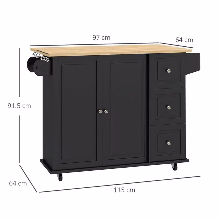EONLION Black Kitchen Island on Wheels with Drop Leaf and Matt Finish, Width: 100 cm
