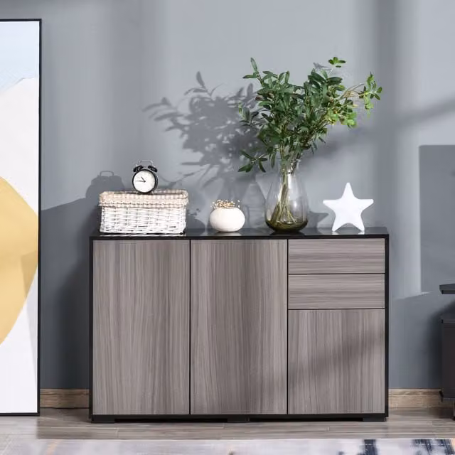 HOMCOM Modern Glossy Side Cabinet with 2 Drawers and 2 Doors in Grey and Black