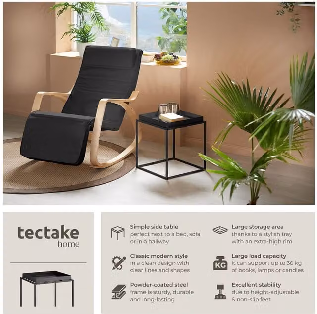 TECTAKE Cambridge Bedside Table with Tray-Shaped Shelf in Black, W/D/H: 40 x 40 x 44 cm