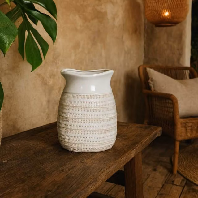 Wyld Haus Saffron Medium Hewn Ceramic Vase in White, H: 22.0 cm, W: 16.0 cm, D: 16.0 cm