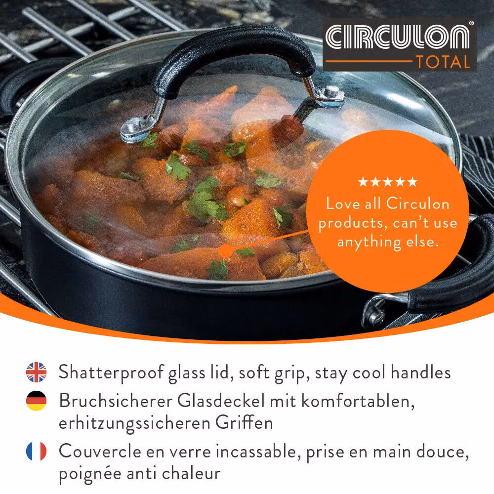 Circulon Total Non Stick Hard Anodised Casserole Dish with Glass Lid, Black, Diameter: 24 cm – 5