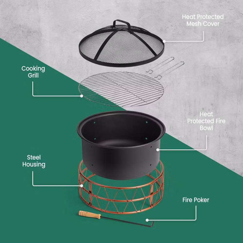 VonHaus Copper Rim Steel Fire Pit Bowl in Black, W: 54.0 cm, D: 53.0 cm, H: 54.0 cm – 5