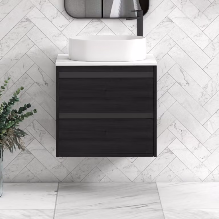 Royal Bathrooms Orion 800mm Hale Wall Hung Vanity Unit with Peak Basin and 2 Drawers in Black and Carrara White