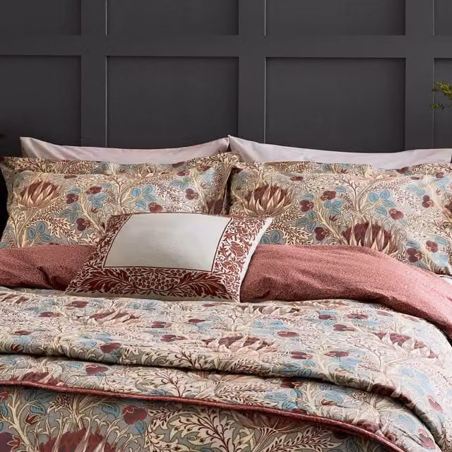Morris & Co Artichoke Kingsize Cotton Percale Duvet Cover and Pillowcase Set, Grey and Wine