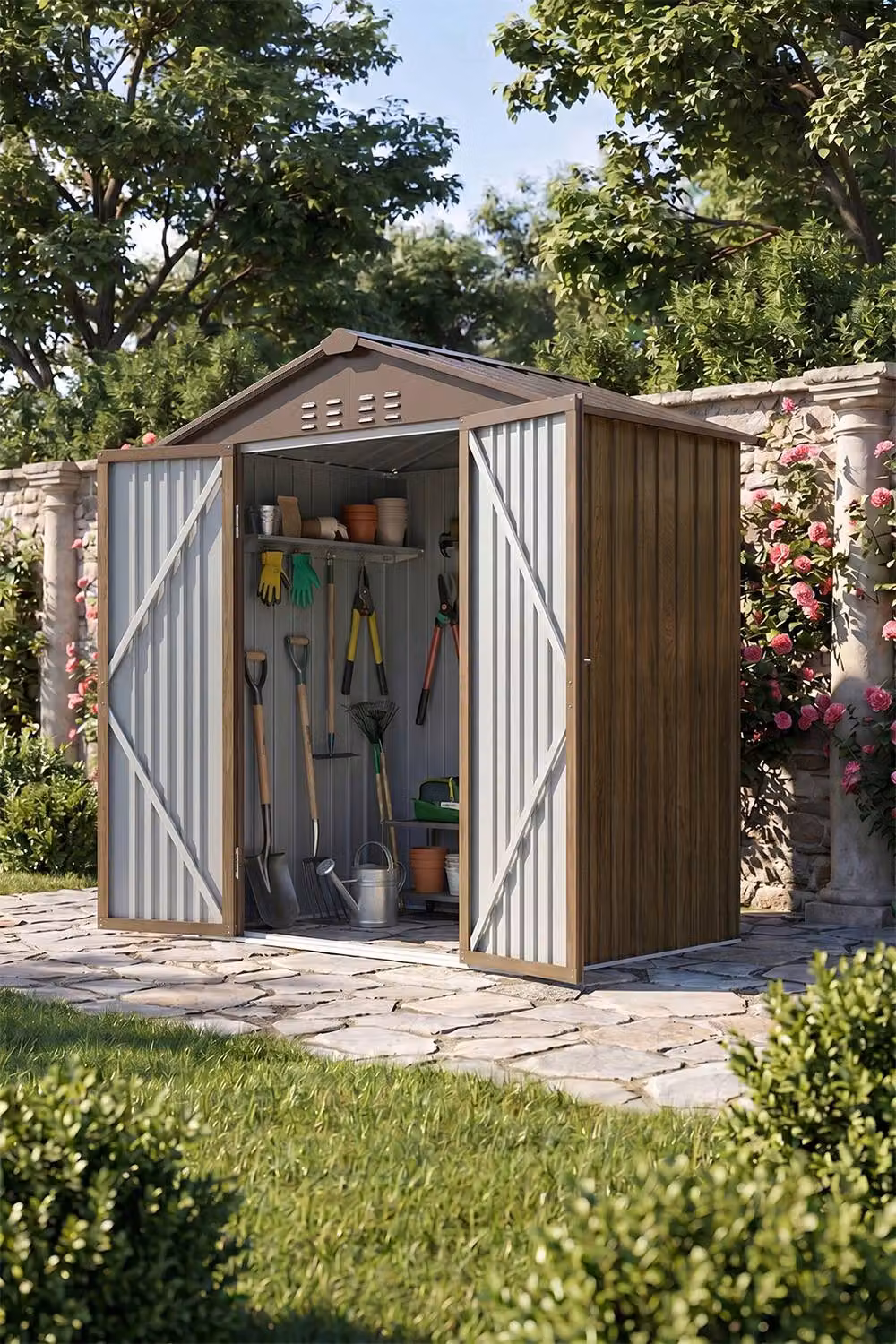 Living and Home Brown Metal Garden Storage Shed with Lockable Double Doors – 2