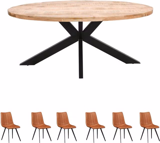 IH Design Modern Oval Mango Wood Dining Table and 8 Chairs Set in Brown