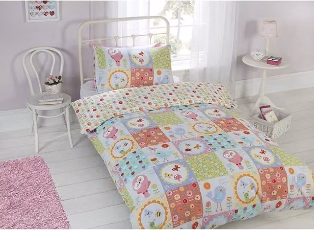 Rapport Home Birdie Patchwork Polycotton Duvet Set and Pillowcase, Multicolour/Green, Double, Duvet Cover: 140 x 200 cm, Pillowcase: 50 x 70 cm