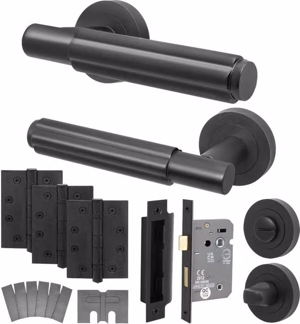 AFIT Matt Black Bathroom Door Handle Set with Lock and Hinges