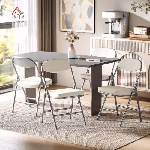 HOMCOM Set of 4 White Fabric Padded Folding Chairs with Metal Frame – 2