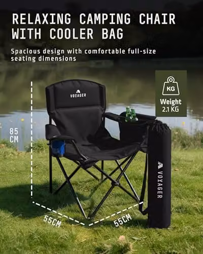 Voyager 2 Pack Folding Camping Chairs with Cooler Bag in Black – 2