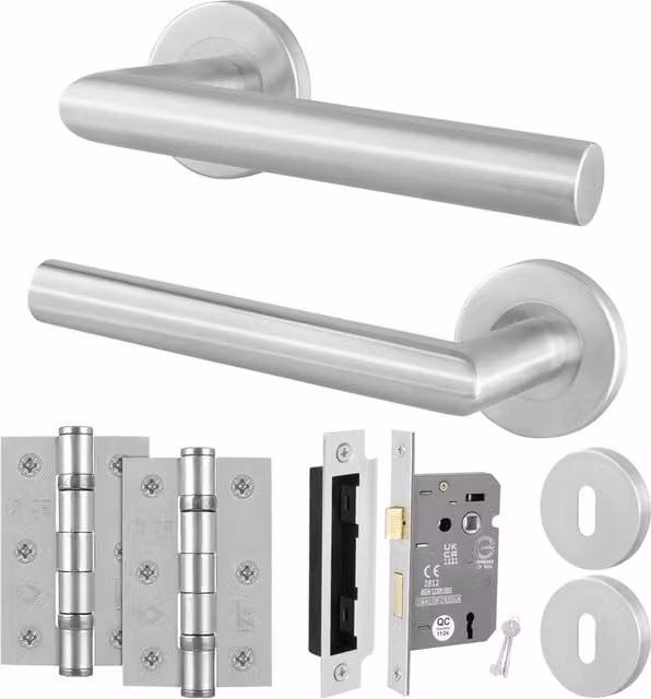 AFIT Silver Satin Lever on Rose Door Handles with Key Lock 64mm and Hinge Kit, Brushed Stainless Steel, W/D/H: 150 x 150 mm – 1