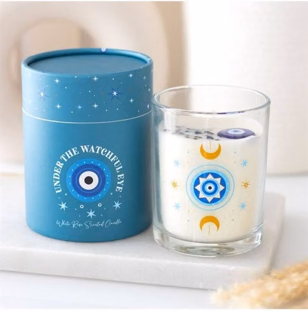 KDMD Under Watchful Eyes White Rose Votive Candle with Crystals in White and Turquoise Glass