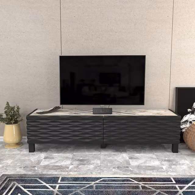 Decorotika Lerze Modern Geometric TV Unit in White Marble Effect and Black
