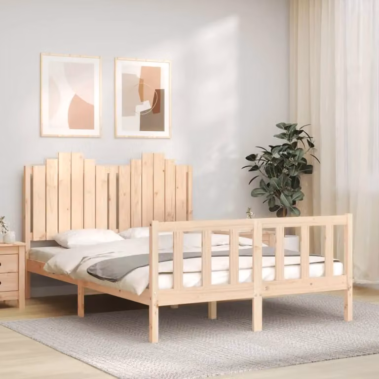 Berkfield Home Double Solid Wood Bed Frame with Headboard in Brown and Beige Pine